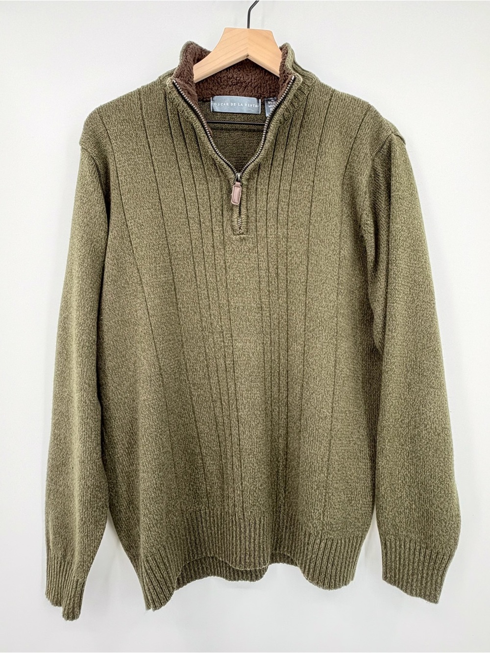 Oscar de la Renta Men’s XL Olive Green Quarter Zip Sherpa Sweater